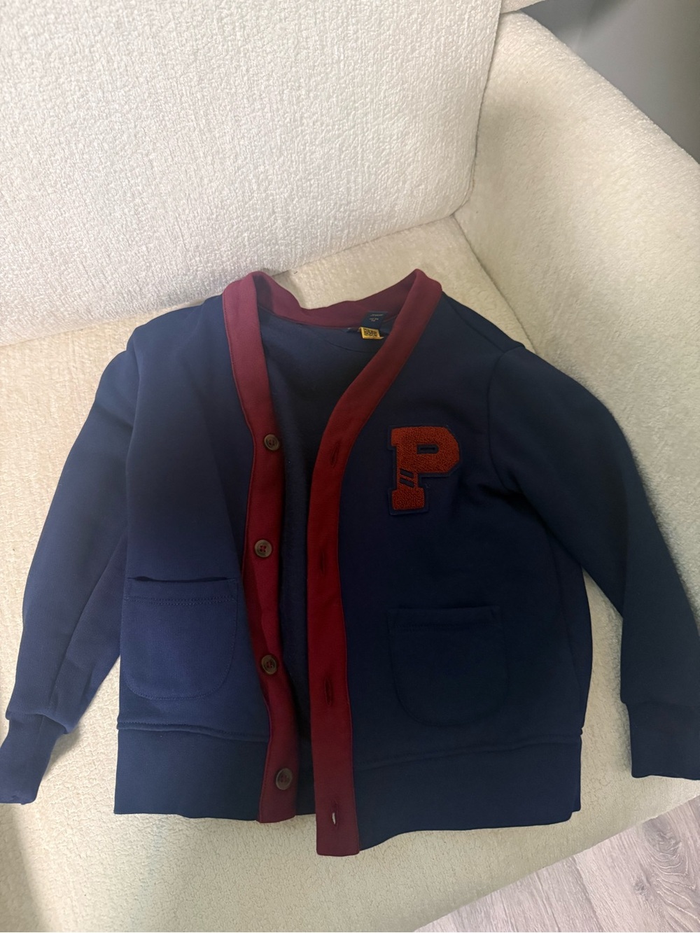 4T Boy Polo by Ralph Lauren Navy Cardigan with Burgundy Trim and Letter P Patch